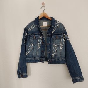 Sandro Vibration Embellished Cropped Denim Jacket In Blue size 40